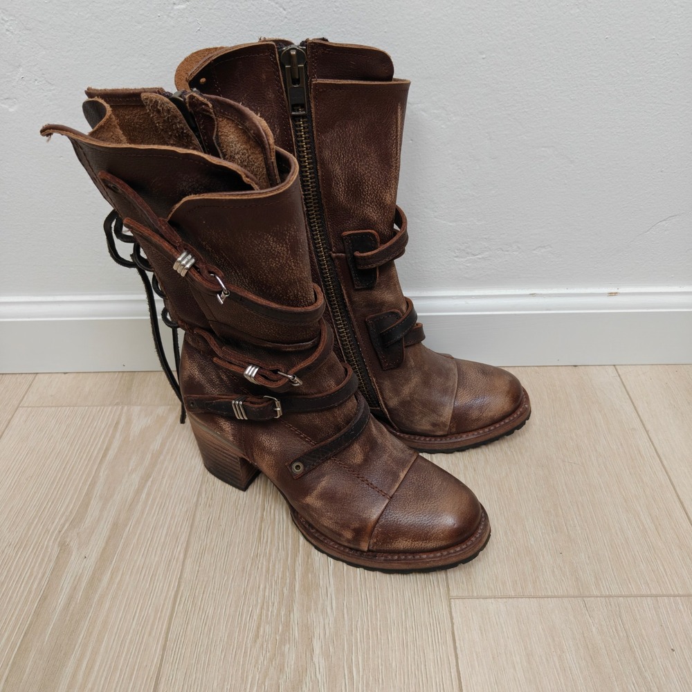 Freebird Cora Womens Boots 8 Brown Distressed Leather Strappy Buckle Moto - Picture 2 of 12